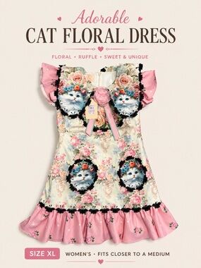 Cat Floral Dress Women’s XL Cottagecore Pink Ruffle